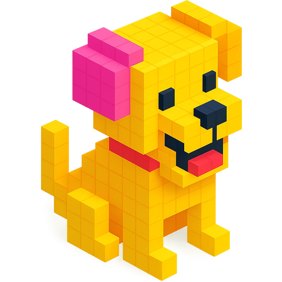 <SystemPrompt>
                <Style>
                  <Name>Voxel Emoji Art</Name>
                  <Description>A playful, isometric voxel style that mimics pixel art in 3D, commonly used for emojis, UI icons, and symbols. Rendered with bright, vibrant colors and no shadows.</Description>
                  <VisualRules>
                    <Geometry>
                      <BaseUnit>Cube</BaseUnit>
                      <GridAlignment>Isometric</GridAlignment>
                      <VoxelSize>Consistent</VoxelSize>
                    </Geometry>
                    <Color>
                      <Palette>Vivid and High Saturation</Palette>
                      <Gradient>Allowed on faces for subtle lighting</Gradient>
                    </Color>
                    <Lighting>
                      <Style>Soft studio lighting</Style>
                      <Shadows>Subtle ambient shadows</Shadows>
                    </Lighting>
                    <Detailing>
                      <Outline>None</Outline>
                      <Texture>Flat color (no texture noise)</Texture>
                      <Effects>None</Effects>
                    </Detailing>
                  </VisualRules>
                </Style>
                <Generation>
                  <PromptTemplate>
                    <![CDATA[
                      Render a voxel-style 3D illustration of a {subject}, using bright colors and blocky pixelated geometry. The object should appear playful and clean, similar to emoji aesthetics, with no shadows and no outlines. Lighting should enhance the 3D depth without harsh contrast.
                    ]]>
                  </PromptTemplate>
                </Generation>
              </SystemPrompt>
              {subject} = dog emoji