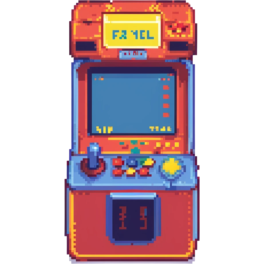 vintage arcade machine in neon-lit room, glowing pixelated fighting game on screen, vibrant red, blue, and yellow accents, classic joystick and buttons, reflective floor, dust particles, 80s nostalgia, cinematic lighting, cyber-retro mood emoji