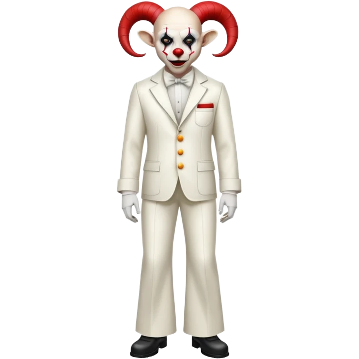 full-body demonic clown in a white leisure suit with bellbottom pants, bald, black ram horns, wearing elevator shoes emoji
