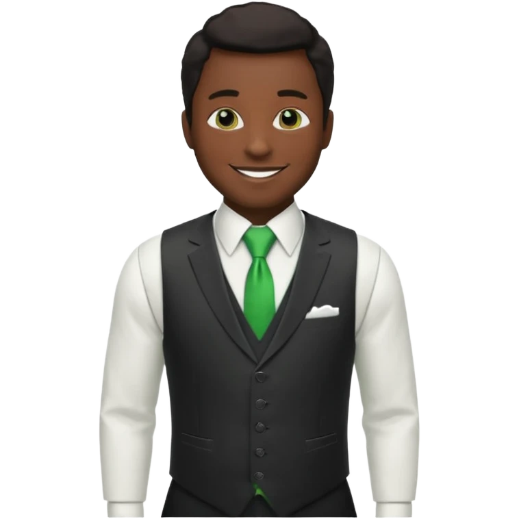 businessman, black skin, white suit vest, green tie emoji