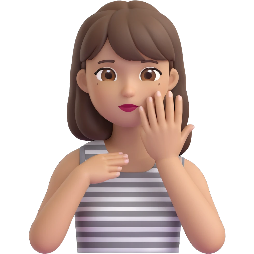 cartoon emoji of a stylish woman wearing a sleeveless grey-and-white striped dress, straight brown hair with bangs, one hand touching her face, neutral or confident expression, compact and simplified, colorful, smooth, minimal white or transparent background emoji