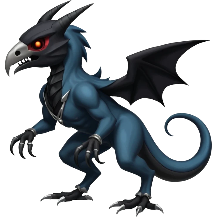 Shiny Dark Edgy  Duskull-Zoroark-Salandit-Inteleon-Amaura-Fakémon-hybrid-creature (full body) with a horned bird-skull-mask emoji