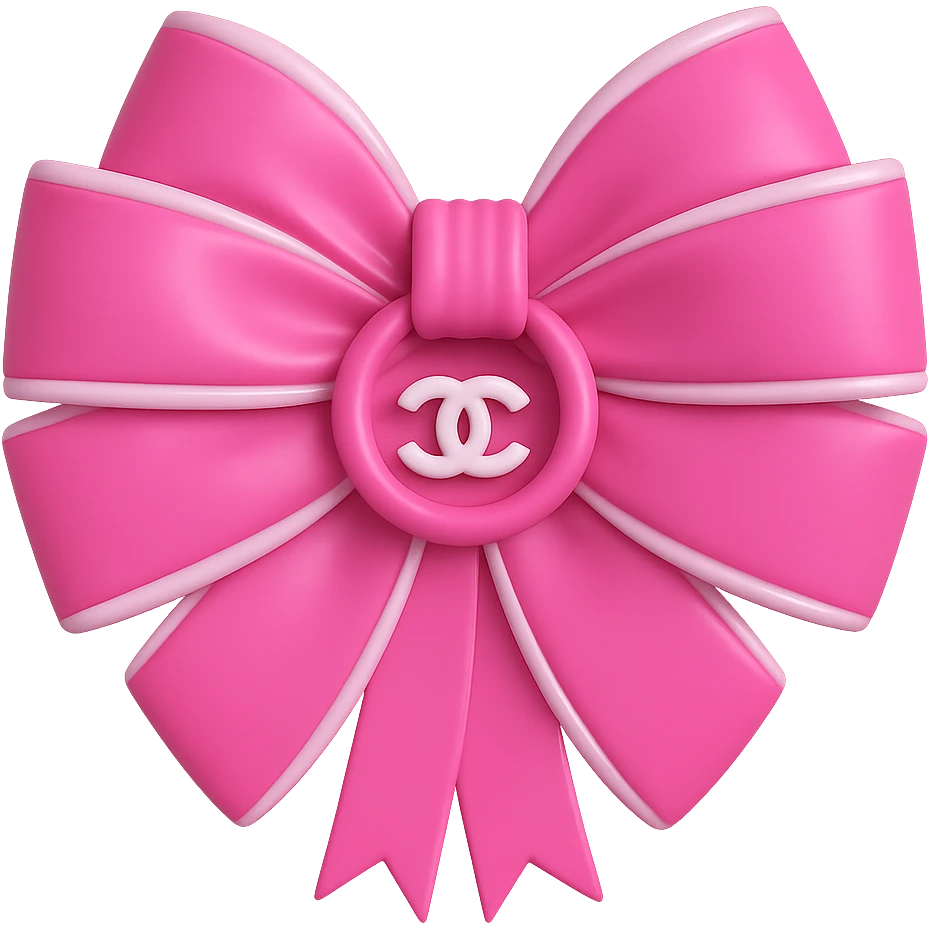 Make the Chanel logo small and white on the pink and white bow, keep it shiny, elegant, 3D emoji style, with no background. The style should resemble a 3D emoji with a shiny and elegant finish. emoji