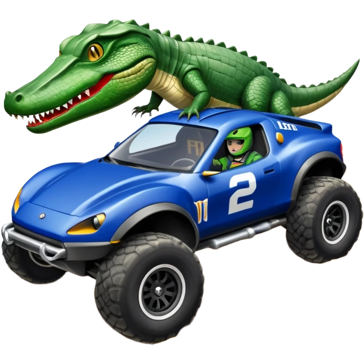 Dirty Joke’s Midnight-blue Local Motors Rally Fighter off road race car being driven by an alligator, sitting in the driver’s seat, over a dirt ramp  emoji
