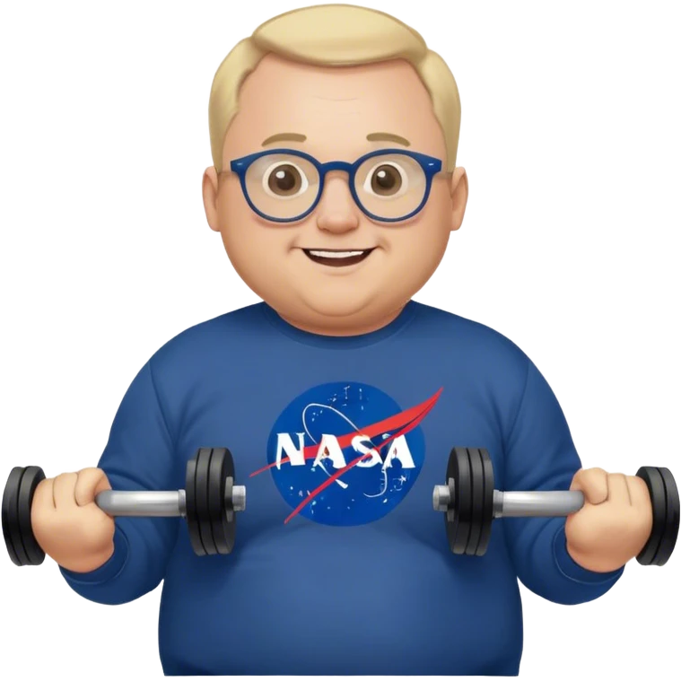 happy chubby man, lifts weights,  blond short and hight receding hairline, wearing a dark blue sweatshirt, nasa logo on the sweatshirt, round glasses without frame, 40 years old emoji