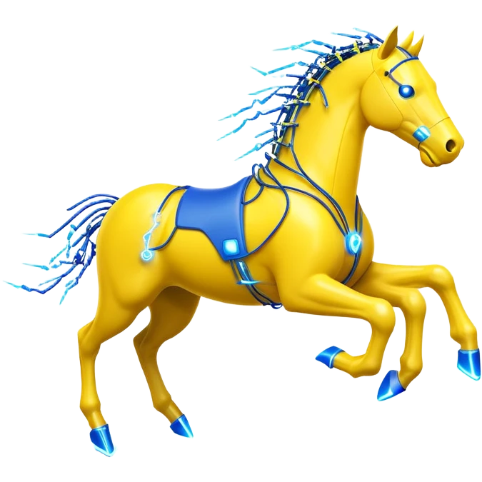 yellow fast electric horse made of electricity, bolts, visible yellow wires, lightning, blue electricity accents, dynamic running pose emoji