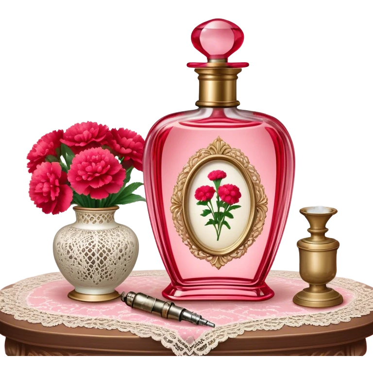An ornate glass perfume bottle in Petal Pink with a vintage atomizer rests on an antique lace-covered table. Vibrant Strawberry Red carnations spill from a porcelain vase nearby, their fragrance mingling with the soft floral scent of the perfume.  emoji