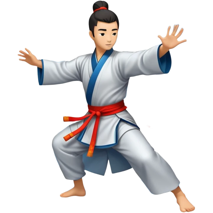 Emblem symbolizing Wushu martial arts. A graceful martial artist performs a dynamic kung fu pose, with flowing movements and a long, elegant robe. The background features stylized clouds and traditional Chinese symbols, representing fluidity, balance, and precision. Transparent background. emoji