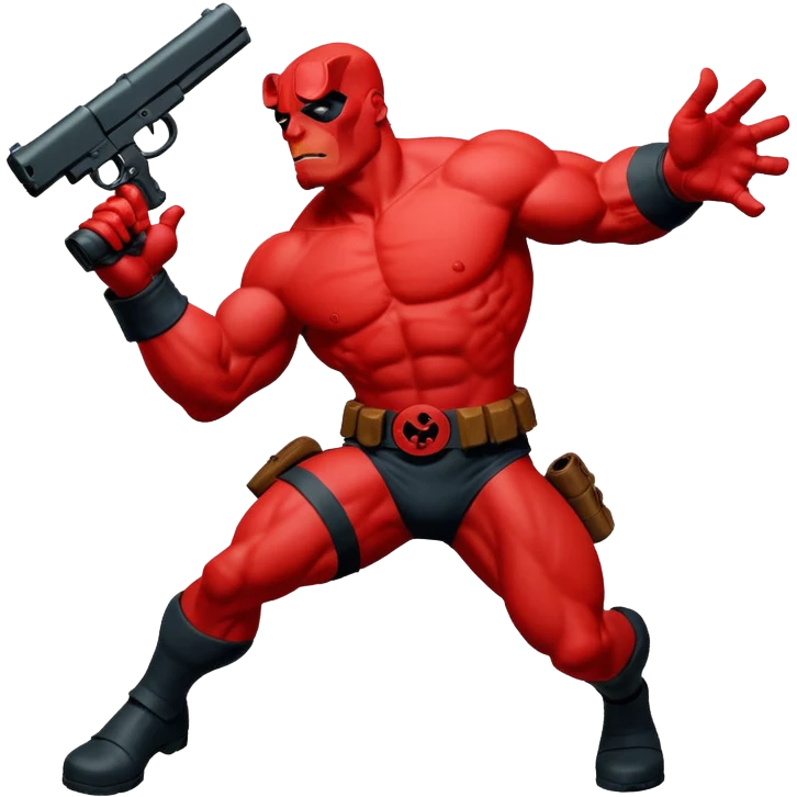cinematic realistic superhero Hellboy by Mike Mignola jumps and shoots emoji