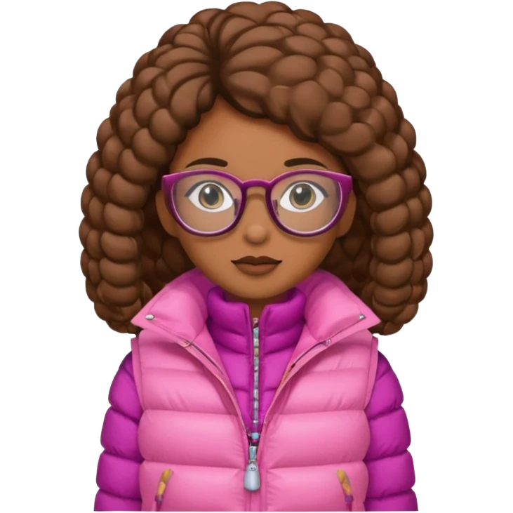brown skin woman with glasses pink puffer vest emoji