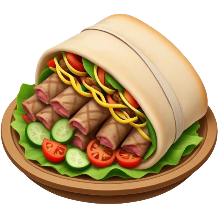 Cinematic Realistic Gyros Dish Emoji, showcasing succulent, spiced meat wrapped in pita with fresh vegetables rendered with lifelike detail and dynamic, appetizing lighting. emoji