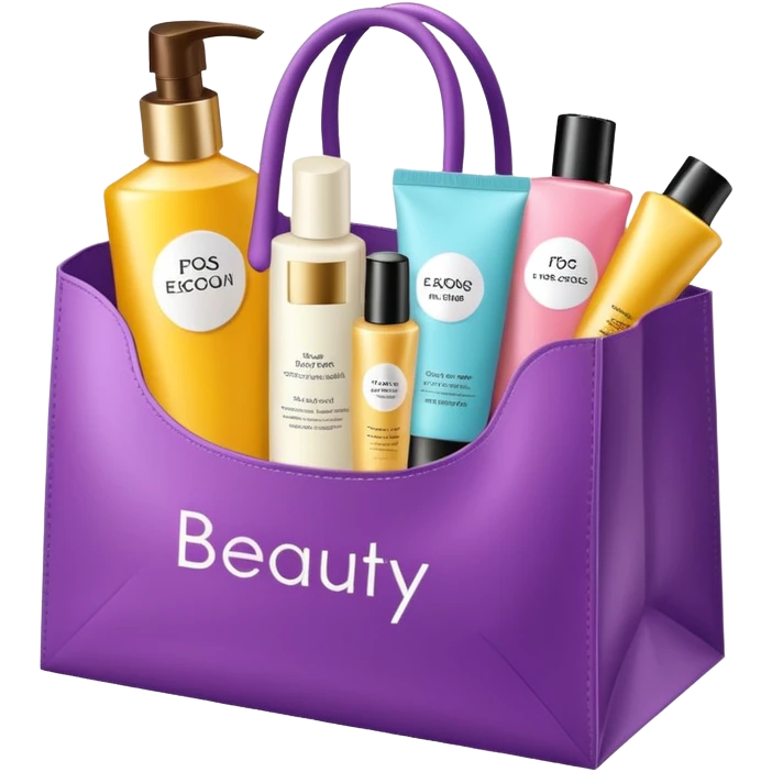 Gift bag with beauty products (shampoo, creams, styling products), a gift bag is beautyful open box full of luxury brand-labeled beauty products emoji