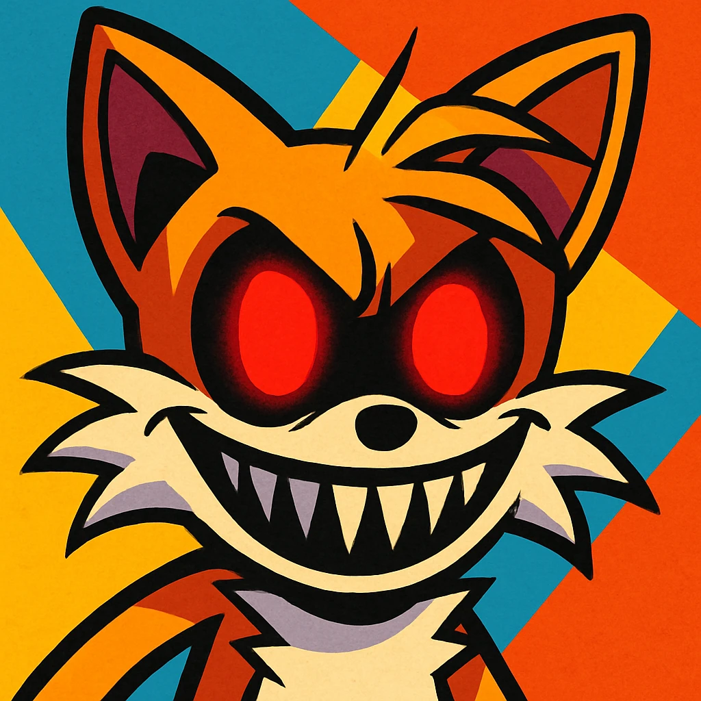 Tails from Sonic, horror cartoon style, only the face, glowing red eyes, sinister grin, bright and vivid background, not dark emoji