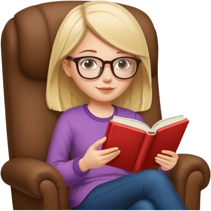 White girl with glasses reading a book in cozy chair  emoji