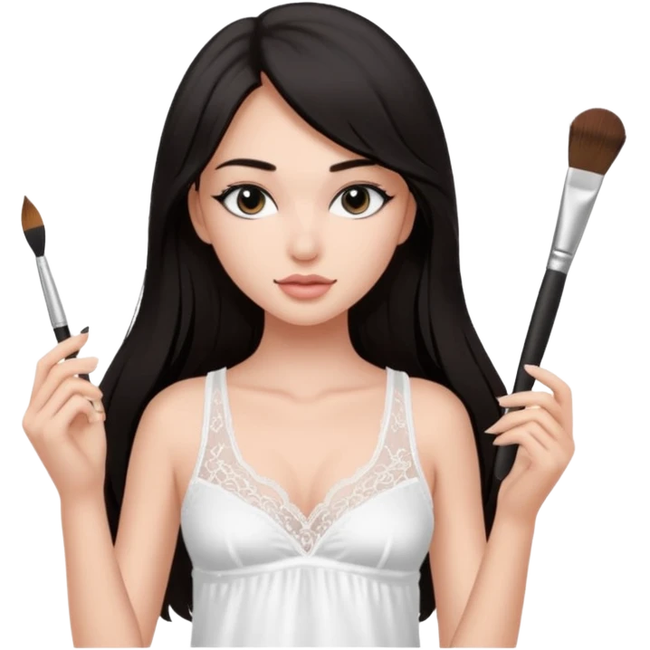 Dark long hair girl wearing white victorias secret sleepwear that looks like a tank top with lace is holding a normal makeup brush. emoji