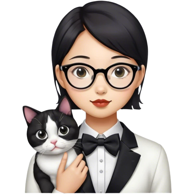 asian girl with glasses holding a tuxedo cat with a black spot on chin emoji
