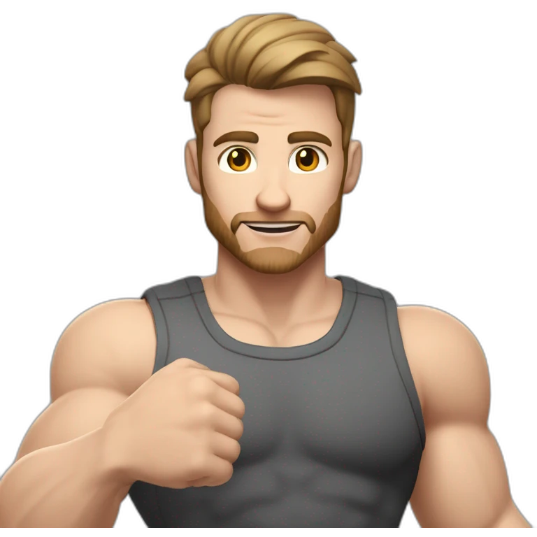 Close up Actively gesturing  with hands Pale skinned Fit Man With the biceps and brown hair in dark gray Sleeveless Mike, black oversize sports shorts, watch and white Sneakers emoji