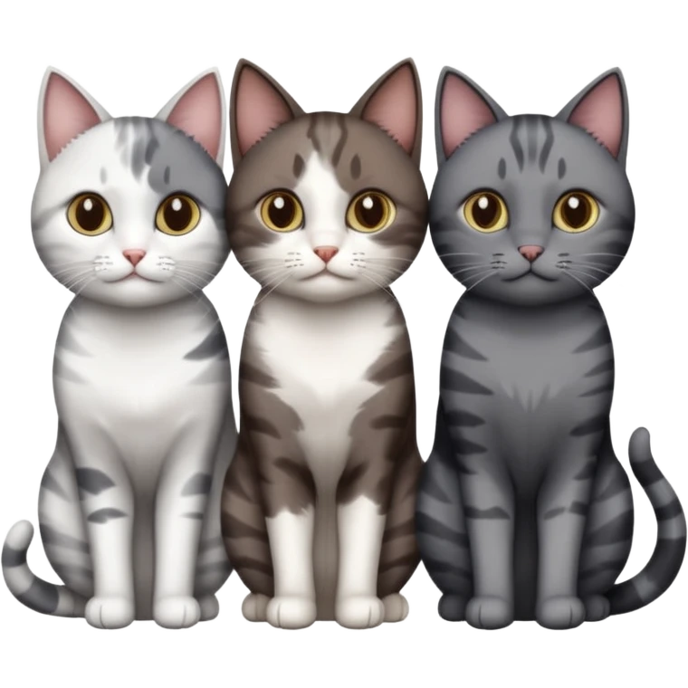 4 different coloured short haired cats including; a dark brown and white cat, and a dark grey and white  emoji