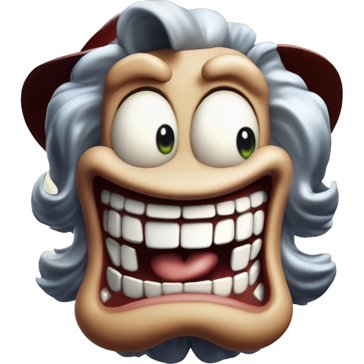Laughing insane game character in Uncle Scrooge style, oil paint, mysterious eyes, intricate lips, masterpiece pose, odd perspective, beautiful, desirable, logical emoji
