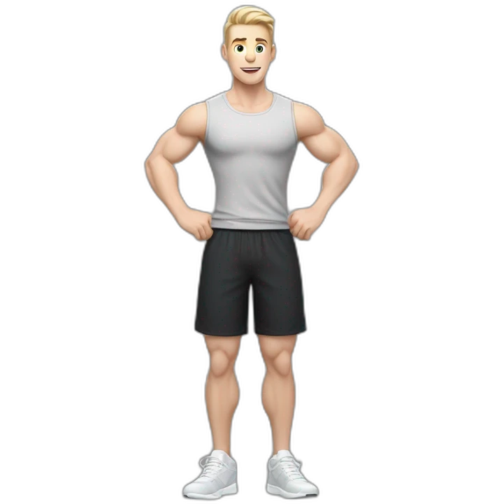 amazed Pale skinned Fit Man With the biceps and dark brown hair in black shirt, gray sports shorts and white Sneakers emoji