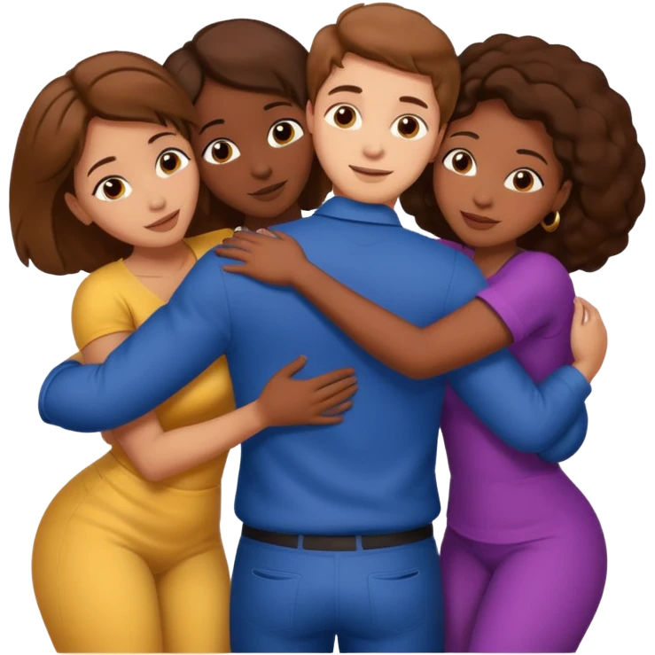 One American Italian young man with brown hair surrounded by three african women with large butts hugging him and each other while massginghis shaft emoji