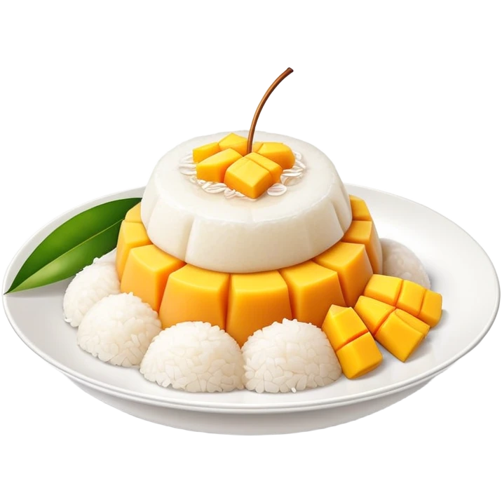 cinematic-realistic-mango-sticky-rice-dessert-emoji,-showcasing-sweet-sticky-rice out of a mould-paired-with-ripe-mango-slices-and-coconut-milk-rendered-with-lifelike-detail-and-warm,-inviting-lighting with the coconut  milk over the rice emoji