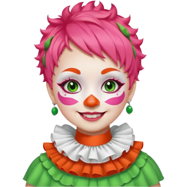 Bright green short hair.

White face paint with green eye makeup and a red nose.

Big wide smile.

Wearing a pink ruffled collar with an orange outfit. emoji