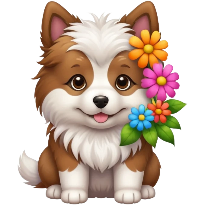 A cute dog holding a lot of flowers emoji