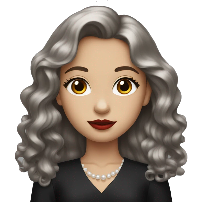 Readhead young girl with long wavy hair, red lipstick and grey eyes, with pearl earrings and black dress  emoji