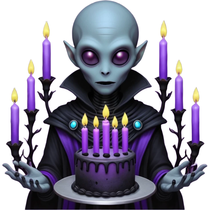 A tall mysterious alien holding a gothic black birthday cake with glowing purple candles, dark foggy alien planet, bioluminescent plants, dramatic shadows, dark fantasy sci-fi art, hyper detailed, moody lighting

 emoji