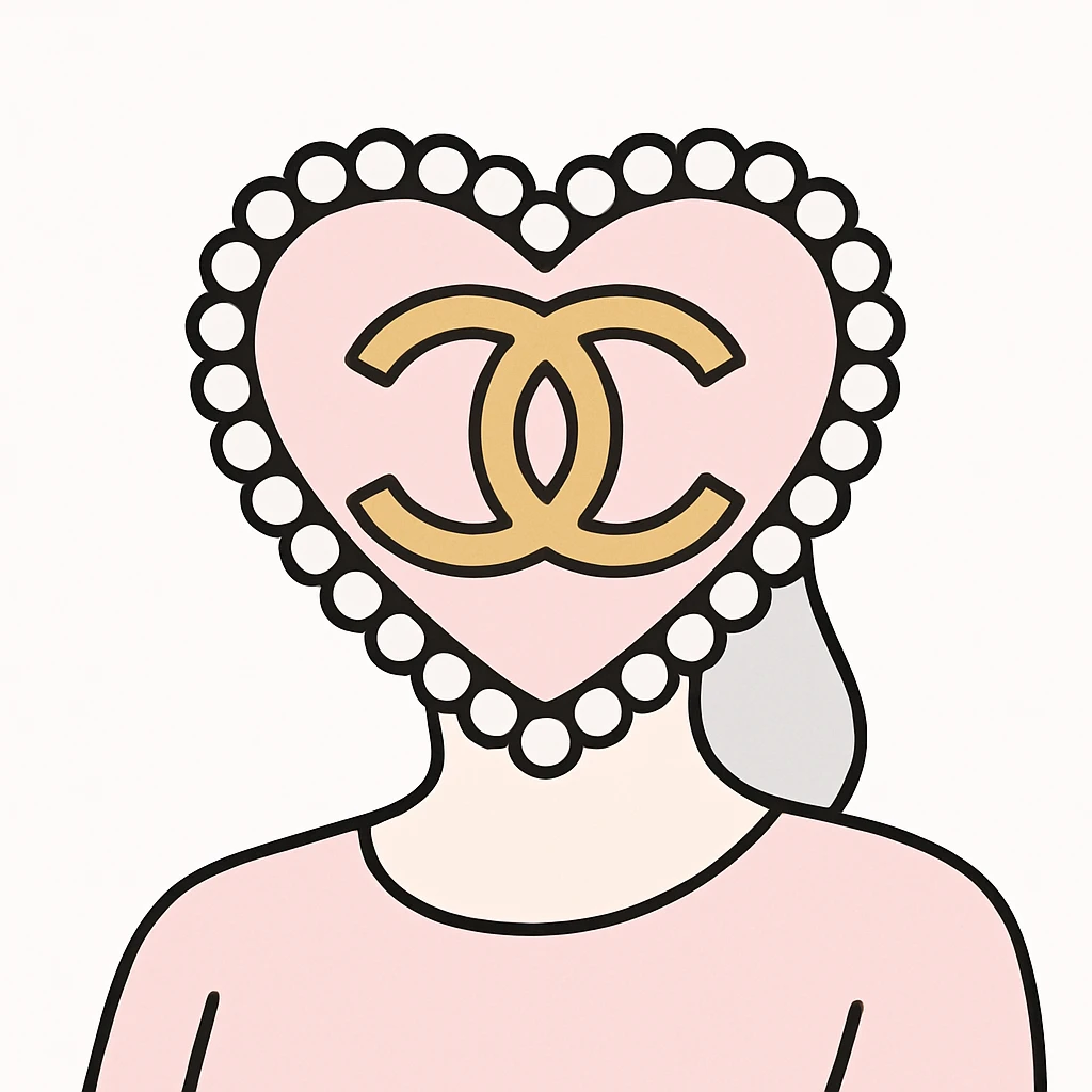 Chanel heart with interlocking C's, metallic gold, pearl border, elegant, flat pink gray style emoji