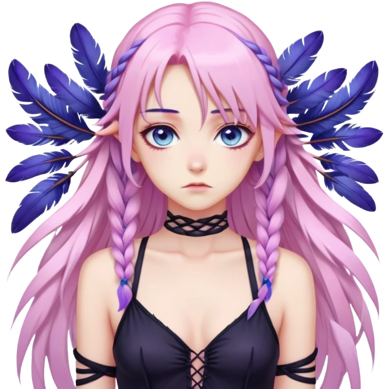 Gorgeous beautiful pretty grumpy anime lady long-pale-pastel-pink-hair with one braid on each side, hanging purple feathers with pink tips in hair, black bodysuit, blue eyes, pink iris, ethereal, fashion aesthetic  emoji