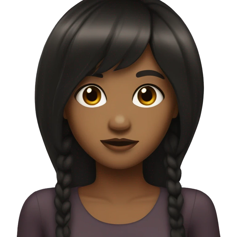 A brown girl who has with a thick fringe and long thick black hair, with brown eyes. Nice body  emoji