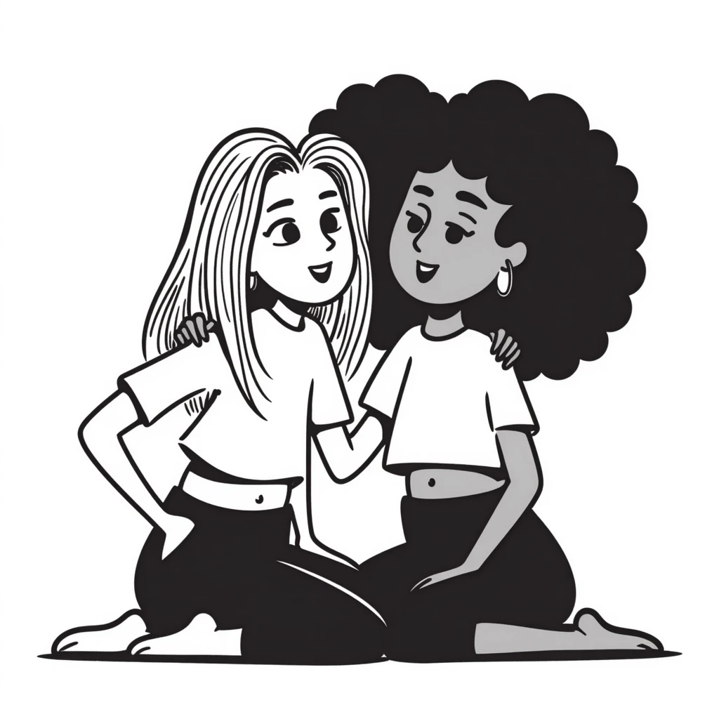 Full body of two teenage girls sitting together as friends, one white with straight blonde hair and one brown-skinned with curly black hair, both with heavy makeup, big lips, tight crop tops, hoop earrings, choni style urban clothing emoji
