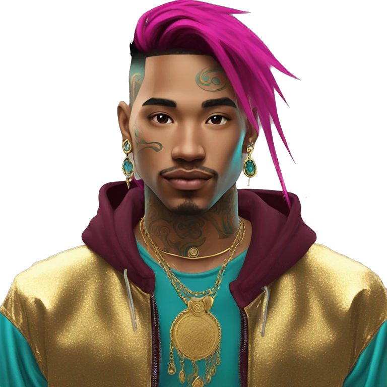 Vintage grunge patina intricate swirls gold jewellery baroque golden sparkle tropical Deep pink maroon burgundy cyan dark hoodie man dyed hair gold piercings nose piercing ear piercings emoji