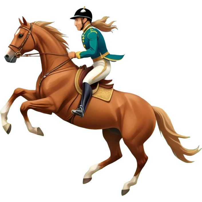 An icon showcasing a majestic horse and rider in full gallop across a lush green field. The background features a clear sky, distant mountains, and a vibrant landscape. The rider wears traditional gear, while the horse leaps with grace and power. Transparent background emoji