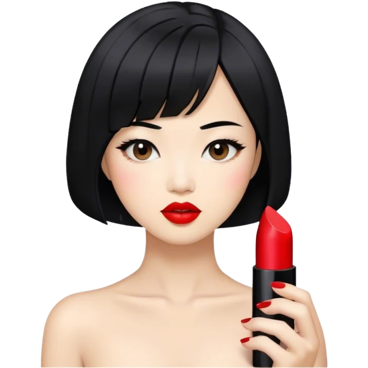 Asian woman, The lips are painted with red lipstick, the woman has a black bob haircut emoji