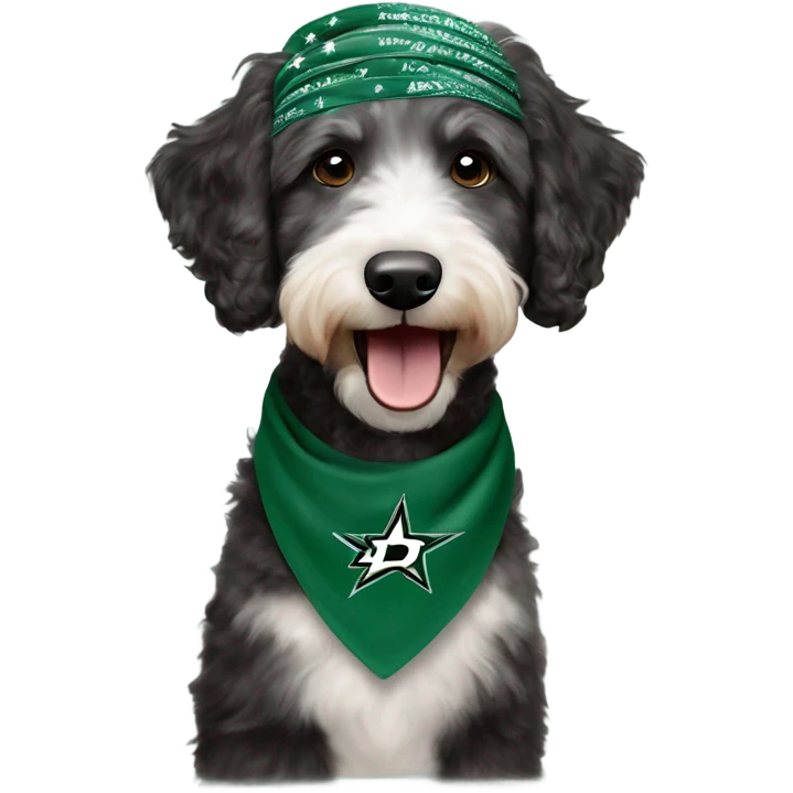 Aussiedoodle wearing a bandana with the NHL Dallas Stars hockey team logo emoji