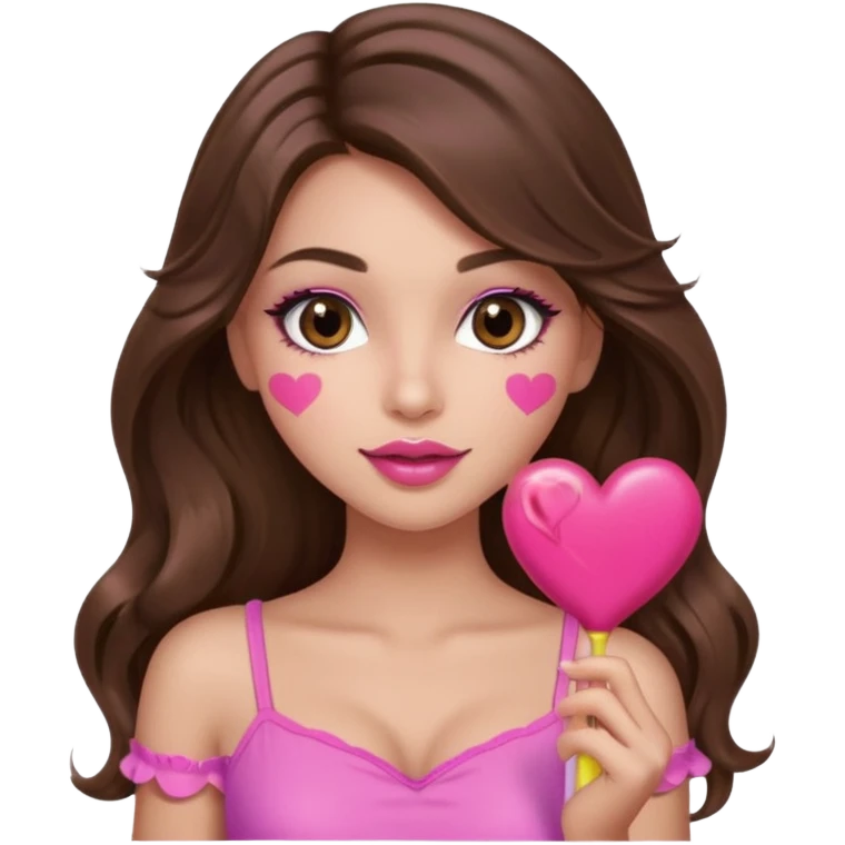 girl with long wavy brown hair, brown eyes, long lashes makeup, sexy pink lips, light to medium complexion, wearing a pink sexy top,, heart lillipop emoji