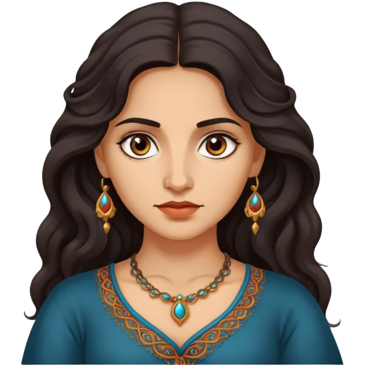 A Romani woman with long, wavy dark hair and a She has deep eyes and a confident, mysterious expression emoji