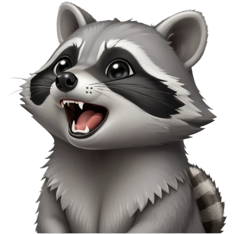 Cinematic-cute realistic- Yawning Raccoon-Portrait-Emoji – Poised and confident, wide-open yawn, revealing a soft grey with a sturdy build and a beautifully textured fur of silver-grey accented by dark black facial markings, deep-set, big black eyes, simplified yet sharp and sophisticated zoom out to show shoulders emoji