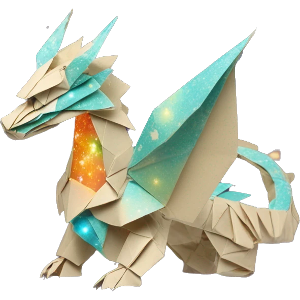 Sparkling patterned Beige Origami dragon with a dried flower crown made of newspapers intricate patterns surrounded by fairy lights nebula galaxy stars swirls iridescent orange cyan yellow emoji
