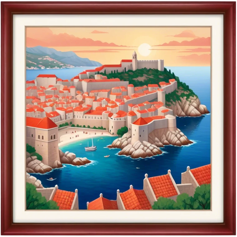 Cinematic Realistic Dubrovnik Landmark Emoji, depicted with historic fortified walls and red‚Äêtiled roofs rendered with intricate detail and dynamic, coastal lighting. emoji