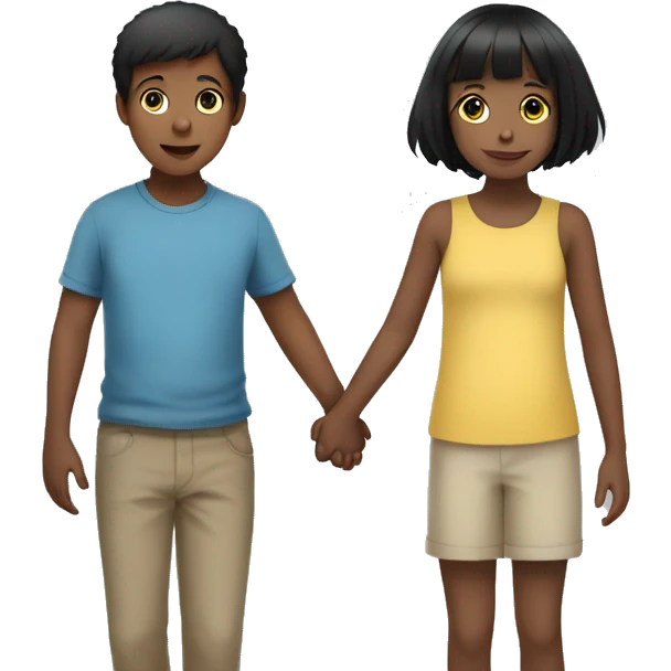 A short haired girl child holding hands with a black haired boy child emoji