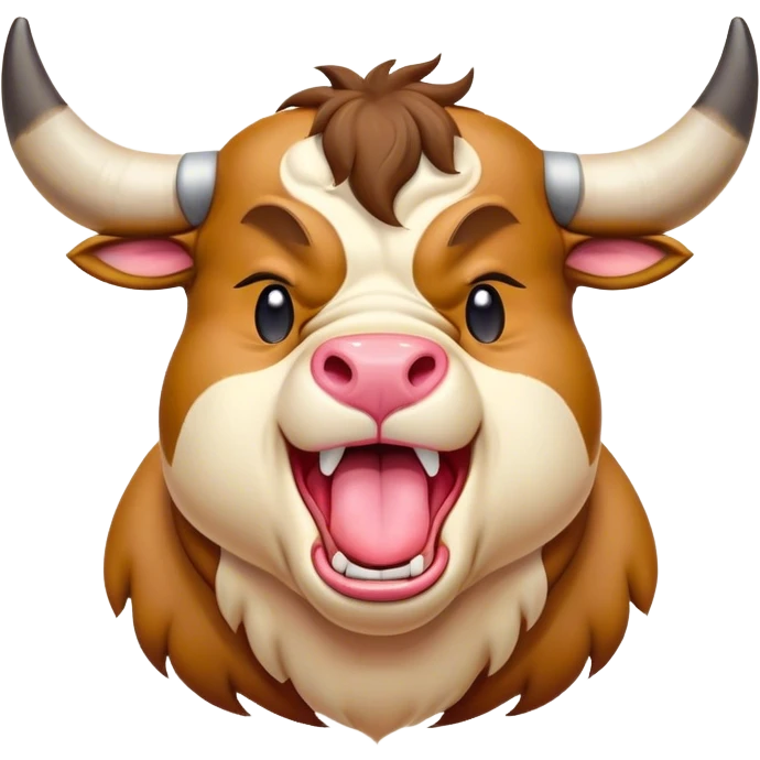 Cinematic Cute Yawning Domestic Bull Portrait Emoji, Head tilted slightly with a dramatic, wide-open yawn, showcasing a robust, muscular frame with a soft, downy coat and subtly drooping horns, round eyes barely open in drowsy contentment, Simplified yet irresistibly adorable features, highly detailed, glowing with a soft, cozy natural glow, high shine, relaxed yet expressive, stylized with a dash of rustic whimsy, soft glowing outline, capturing the essence of a sleepy yet affectionate domestic bull that seems ready to stretch out and settle for a nap! emoji