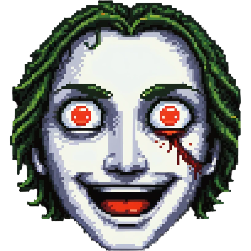 A pixelated face with droopy eyelids, bloodshot eyes, and a blissful smile - looking high and stoned emoji