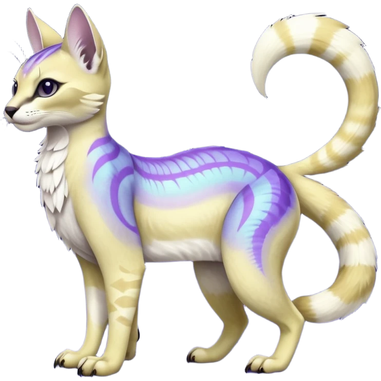 banana-cream-colored, tropical tribal glorious iridescent divine exotic cute cool beautiful beautiful fantasy-caracal-civet-genet-sergal-vernid-Gryphon-Cacomistle-Trico-oncilla-animal-Fakémon-hybrid-fursona (full body) with light slight indigo-violet-gradients accents  emoji
