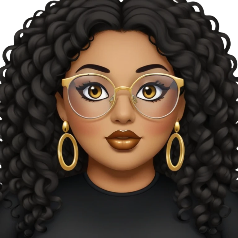 big plus size, darker tan skin, long black curly hair, baddie,pretty, makeup, lipliner, black eyeliner, long hair, gold earrings, black top, glasses emoji