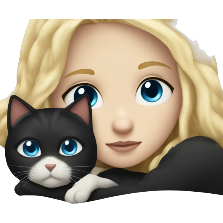 Blonde haired girl with blue eyes cuddled up in bed with black cat with gold eyes emoji