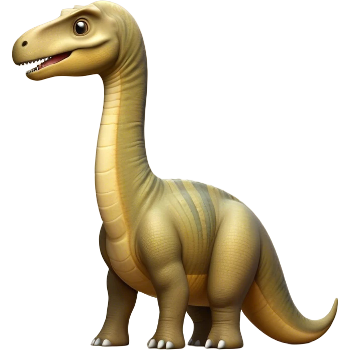 Cinematic Noble Brachiosaurus Portrait Emoji, Poised and majestic, with a towering, elongated neck stretching gracefully from a robust, column-like body, a small, gentle head with curious eyes, and subtle, textured skin in earthy tones, Simplified yet sharply defined features, highly detailed, glowing with a soft, golden radiance, high shine, intelligent and serene, stylized with an air of prehistoric grandeur, focused and calm, soft glowing outline, capturing the essence of a watchful and confident Brachiosaurus that appears ready to gracefully emerge from the screen with effortless power! emoji
